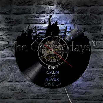 Успокой се и никога не се отказвайте Силует Led Лампа Vinyl плоча Стенни Часовници Нокаут на Боксовия Ринг, с монтиран на стената лампа, Промяна на Цвета