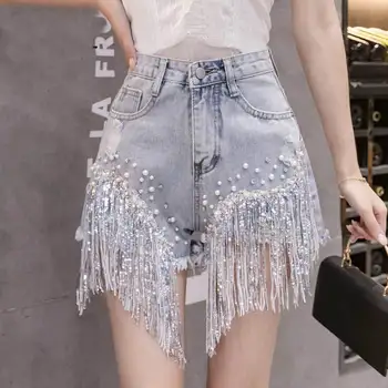 2021 пролет-лято нови дънкови шорти с ресни и мъниста, дамски къси панталони трапецовидна форма, с висока талия, свободни корейски панталони