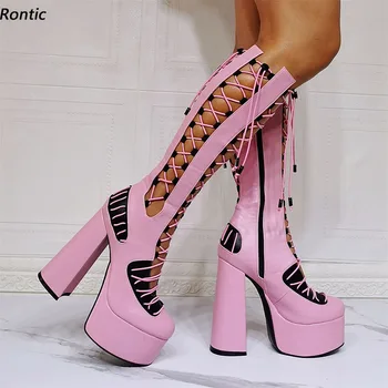 Rontic/Дамски Ботуши до коляното на ръчно изработени платформа в бохемски стил, със страничен цип, за да не сужающемся надолу масивна ток, с Кръгло бомбе, розово-бели вечерни обувки, размер САЩ 5-15
