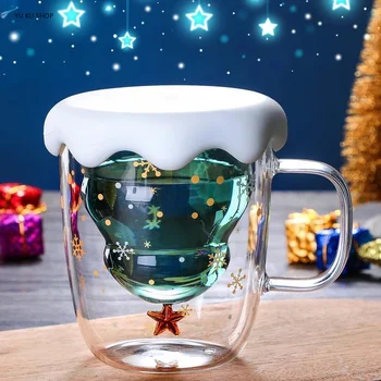 Сладка Коледна Елха Чаша с Двойни Стени Стъклени Чаши за Кафе с Силоконной Капак Снежинка Звезда Коледен Подарък Вино, Чай, Мляко, Вода